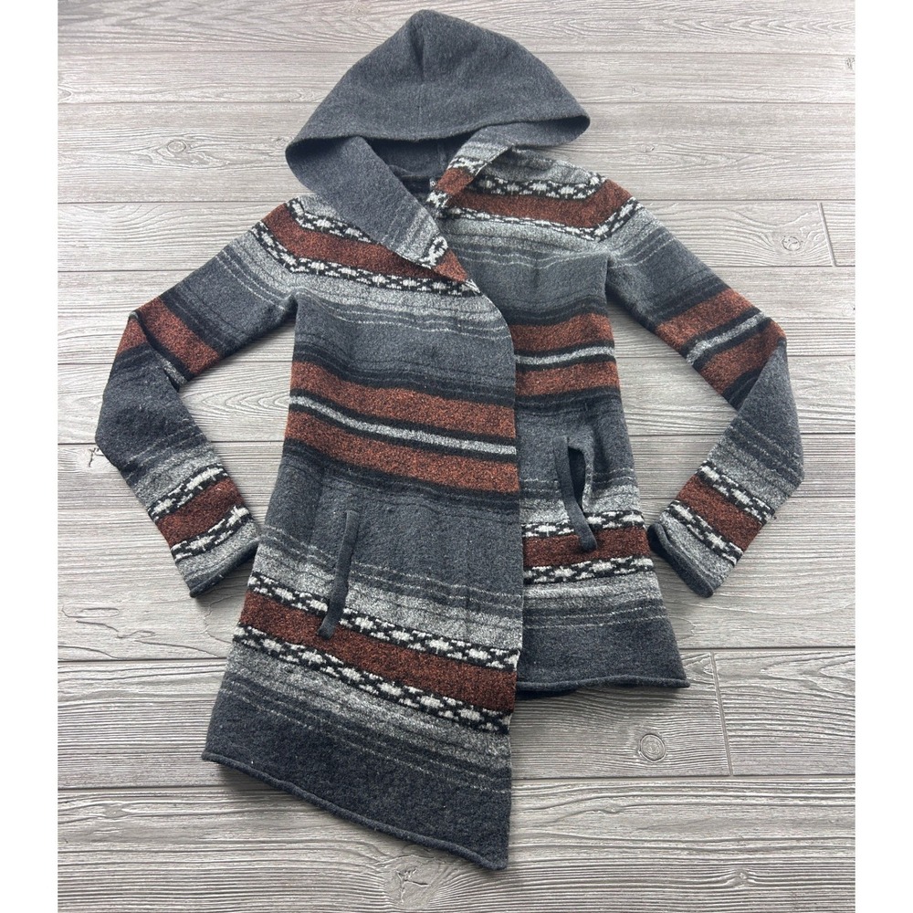 Toad&Co B'Wool 2.0 Hooded Cardigan Sweater Gray Rust Stripe Wool Small 1564